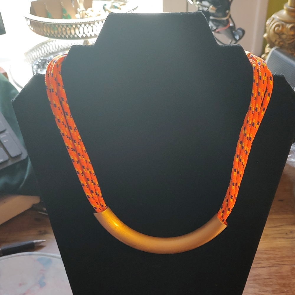 BaubleBar Neon Orange and Gold Statement Necklace